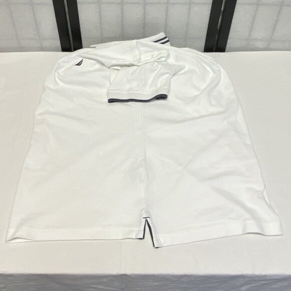 Nautica Short Sleeve Striped Band Collar Sleeve 2 Button Polo Shirt White Navy L - Picture 10 of 12